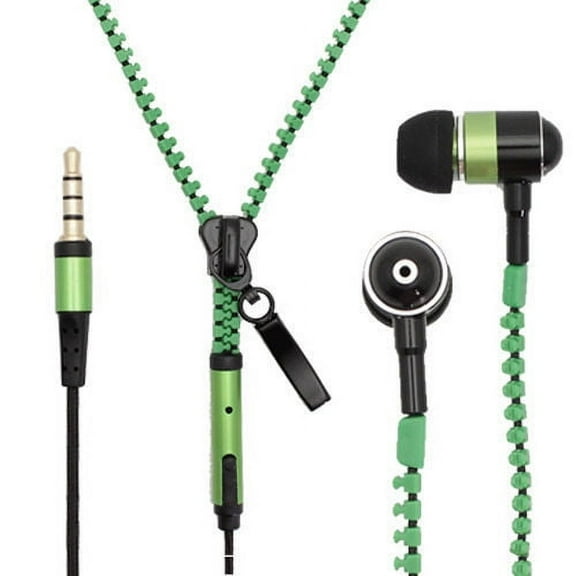 Zipper Earphones with Mic for Cellphones - Green