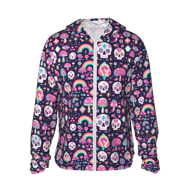 Fotbe cute Skull rainbow mushroom Chaqueta con Protección Solar UPF 50+ para Hombre y Mujer, Camisa con Capucha y Bolsillos-Small