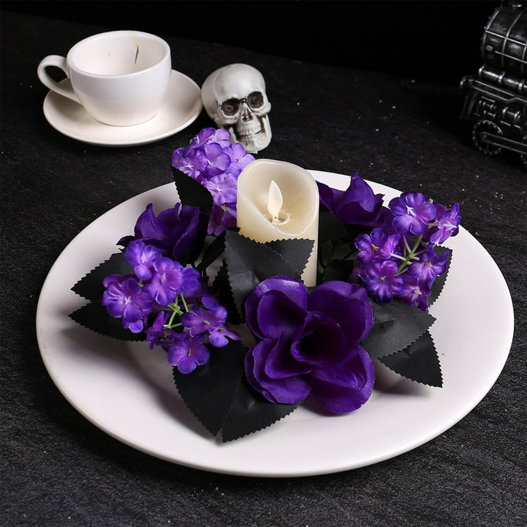 Fasiaou Halloween Maple Wreath Candle Rings Purple Pansy Flower