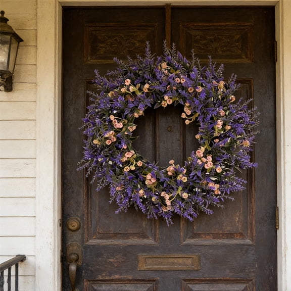 Artificial Lavender Wreath with Green Foliage, Purple Floral Spring Summer Wreath for Front Door Party Gifting Centerpiece and Living Space Decor, AKLJWH, Purple-1PC