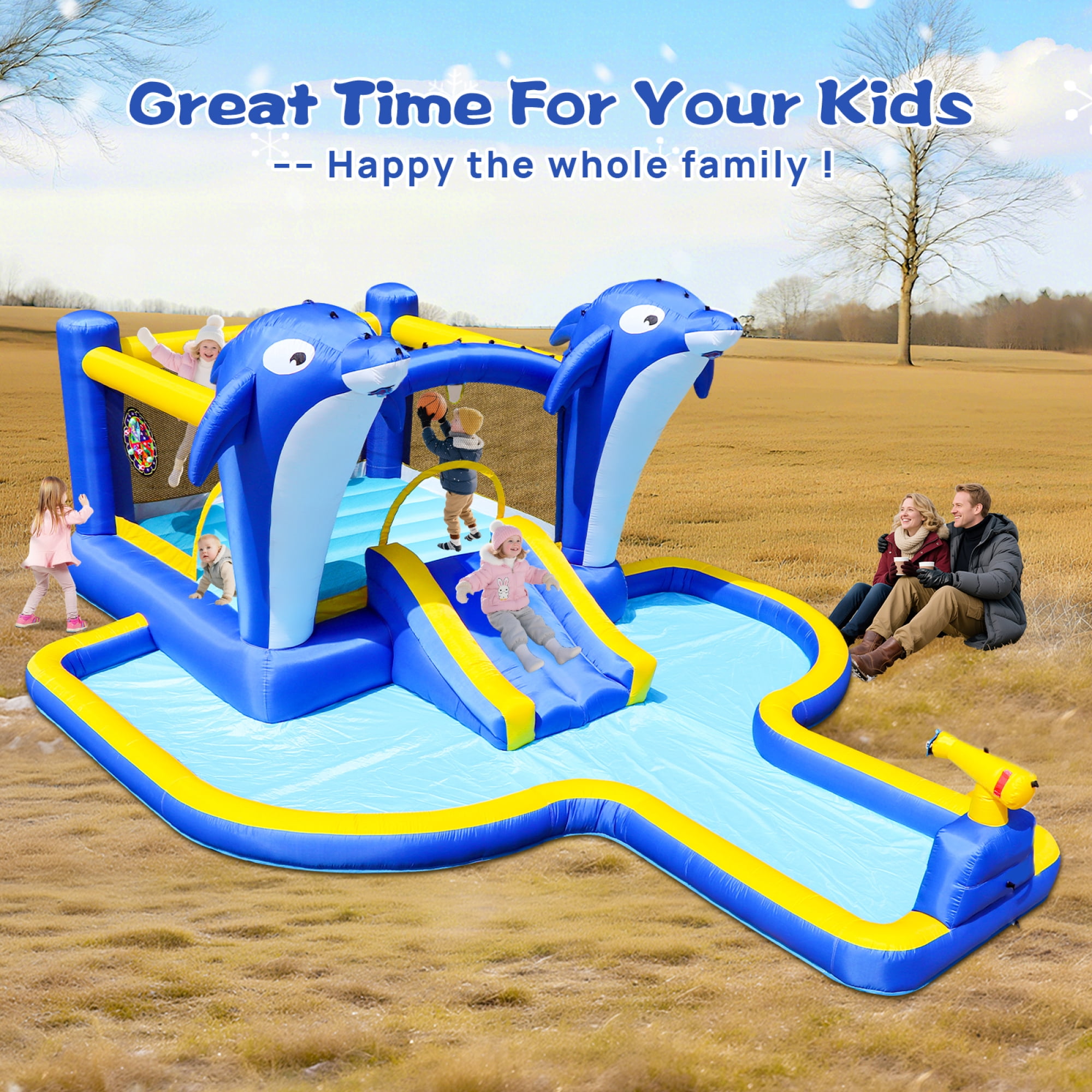 NOBOLEA 8 in1 Dolphin Bounce House Water Slide with Blower, Inflatable Water Park for Kids Outdoor Backyard Fun