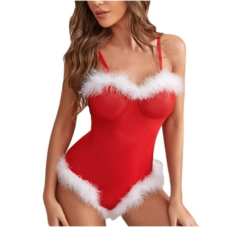 

Miarhb Plush Christmas One Piece Erotic Lingerie Women Jumpsuits Pajamas Sleeveless Underwear Chest Wrap