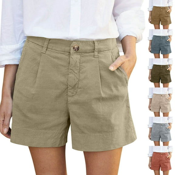 Olyvenn Linen Shorts for Women Dressy Casual Elastic High Waist Work Shorts Baggy Beach Summer Wide Leg Short Pants Pockets Army Green L