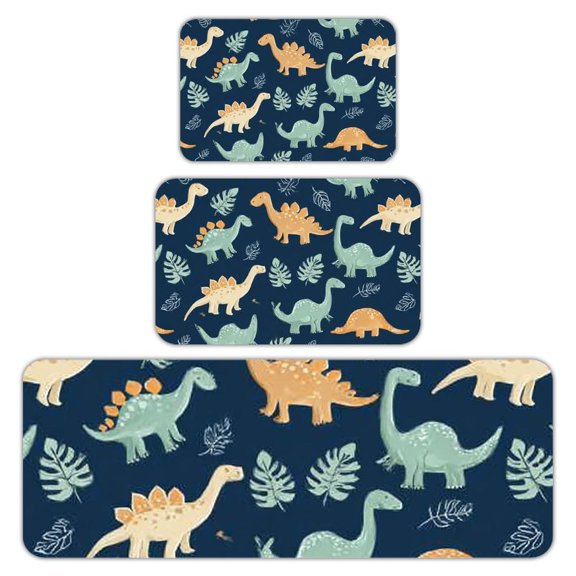 RKSupls Kitchen Rug Set 3 Piece Anti-Slip Flannel Floor Mats, Dinosaurs Leaves Pattern Washable Absorbent Runner Mats for Kitchen Bathroom Home Decor