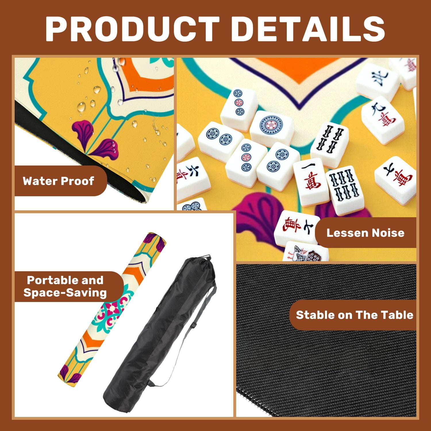 Mahjong Mat 31.5" x 31.5" Ornamental Moroccan Tile Teal Orange Magenta Floral Geometric Motif Non-Slip Noise Reduction American Mahjong Tiles Table Cover for Dominoes Poker Card Board Games Gift