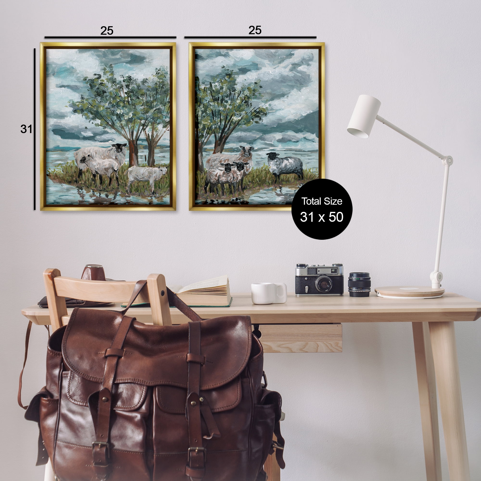 Stupell Industries Sheep in Field Landscape & Nature Painting Gold Floater Framed Canvas Art Print Wall Art, 31 x 25, Set of 2