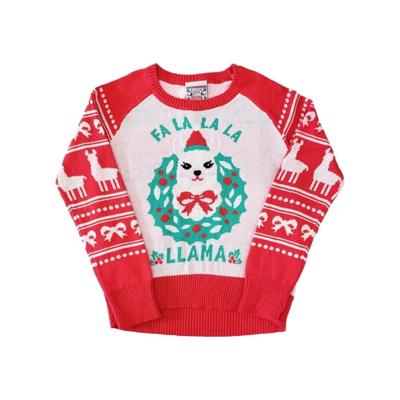 Girls Pink Red Fa La La La Llama Long Sleeve Knit Cotton Christmas Sweater XS4/5