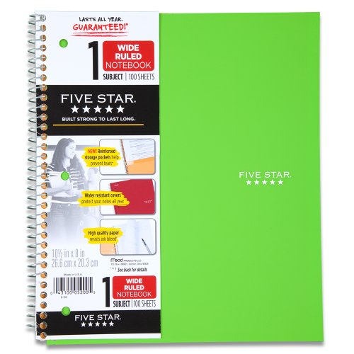Five Star Spiral Notebook, 1 Subject, Wide Ruled Paper, 100 Sheets, 10 ...
