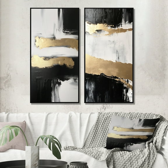 Designart "Horizontal Perspectives Abstract in Gold and Black V" Abstract Painting Framed Wall Art Set Of 2 - Modern Gold Gallery Wall Frame Set For Home Decor