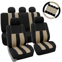 FH Group Car Seat Covers Striking Striped for Sedan, SUV, Van, Full Set w/ Steering Cover & Belt Pads, Beige Black