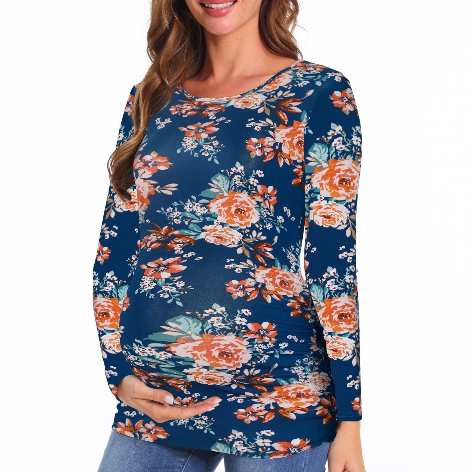Bearsland Women's Long Sleeve Maternity Shirts Casual Tunic Side Ruched Tops Pregnancy Clothes 3-Pack