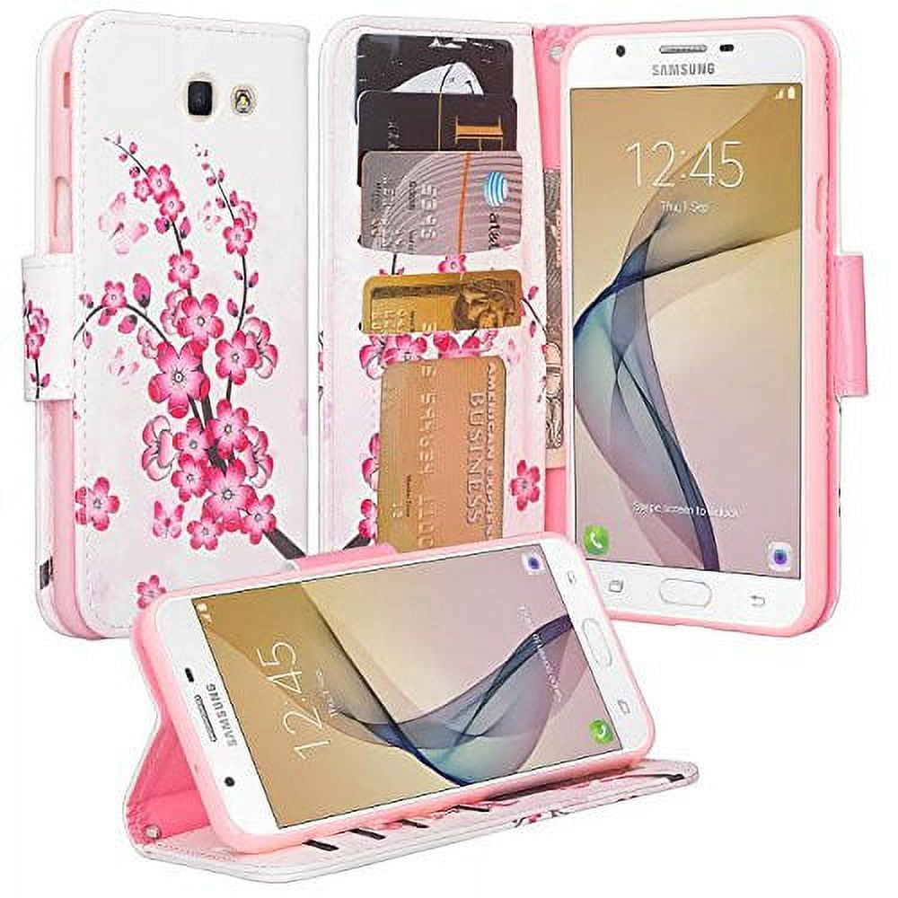 Samsung Galaxy J7 Prime Wallet Case, Wrist Strap Pu Leather Magnetic Flip  Fold[Kickstand] with ID & Card Slots for Galaxy J7 Prime - Cherry Blossom 