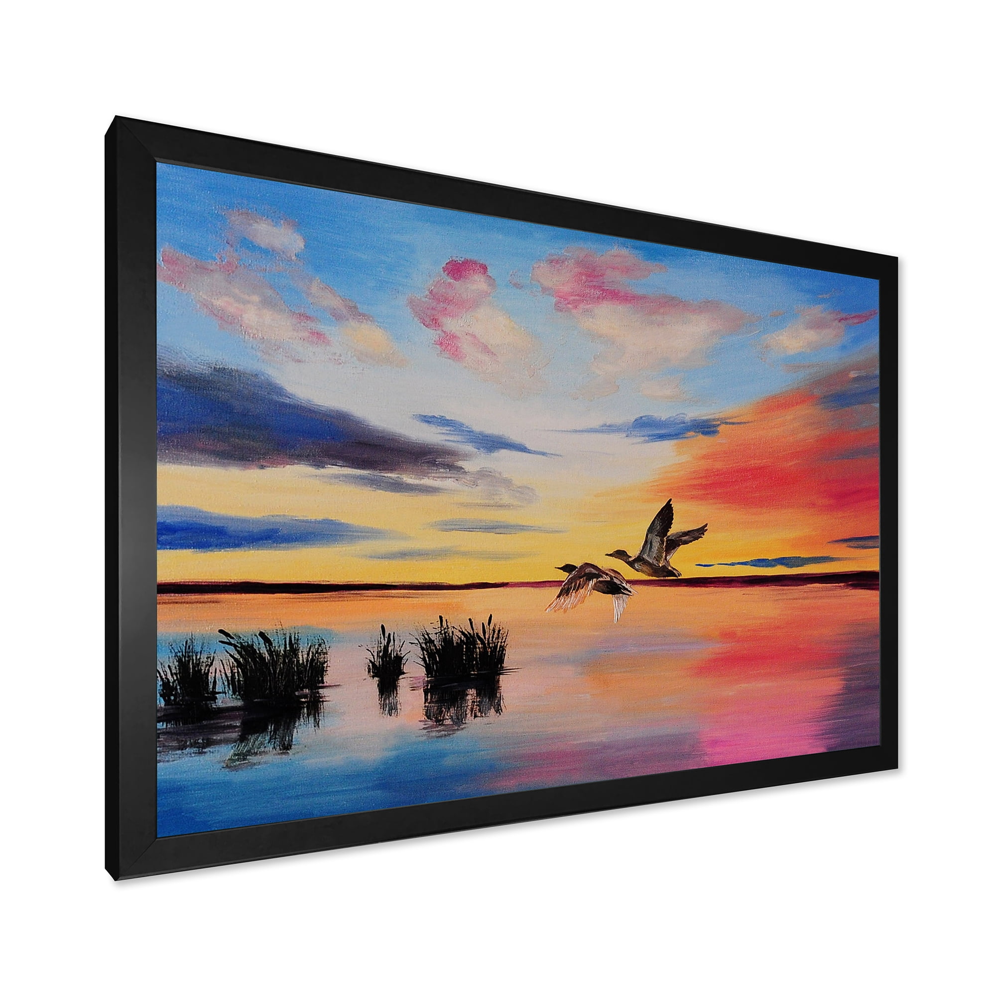 Crane Birds Flying During Colorful Sunset 40 in x 30 in Framed Painting Canvas Art Print, by Designart