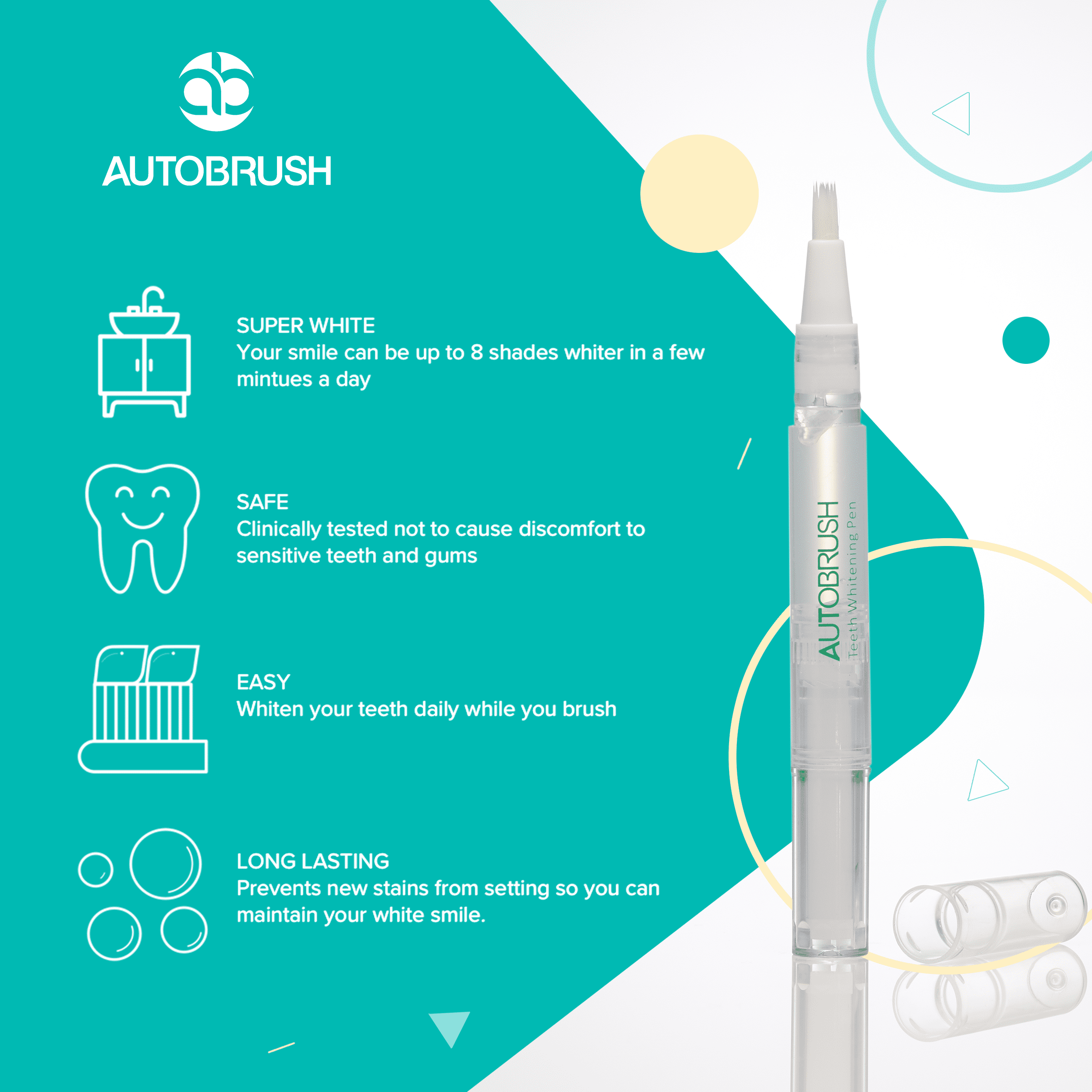 AutoBrush Teeth Whitening Pens (3 Pack), 30+ Uses, No Sensitivity & Painless, Travel-Friendly, Easy to Use
