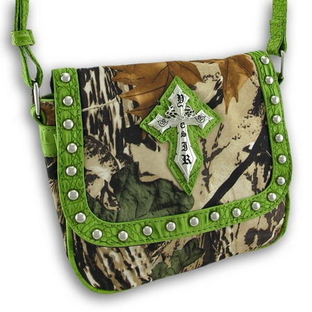 Croc Satchel Bag - Studded Forest Camo Shoulder Bag with Gothic Cross Croc Trim