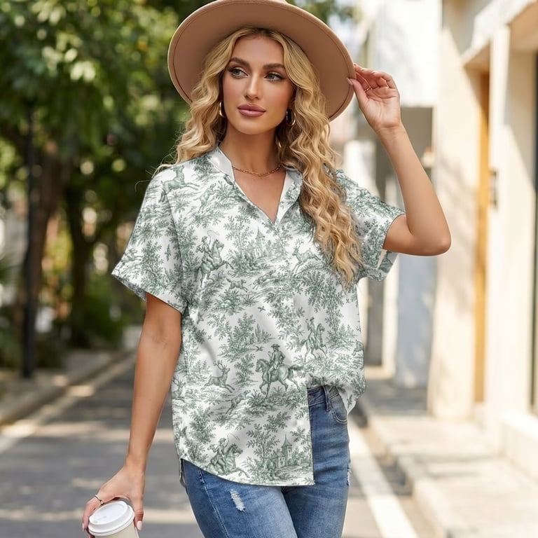 Xoenoiee Green Toile De Jouy Deer Horse Print Casual Short Sleeve