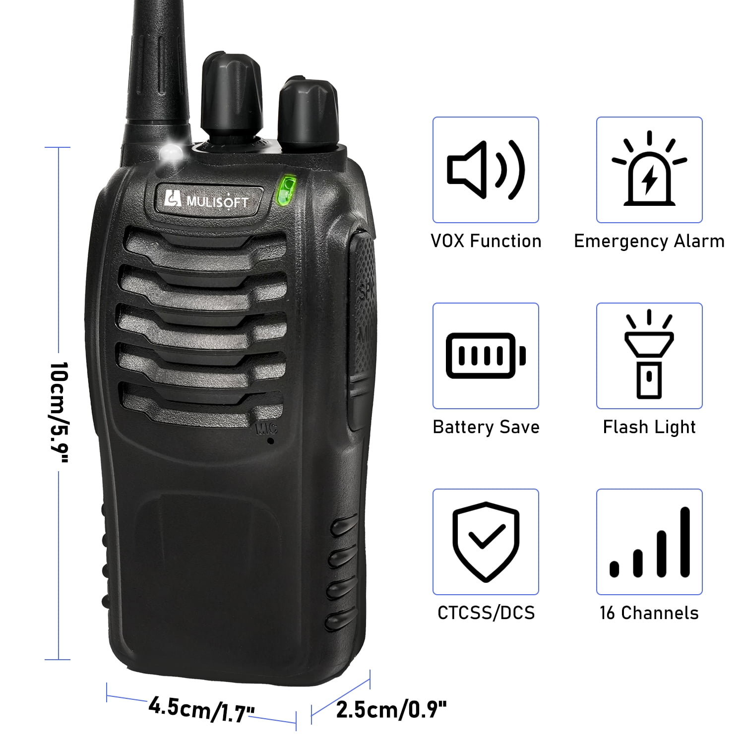 MULISOFT Walkie Talkies Long Range, Rechargeable Walkie Talkie for Adults with Earpieces & Li-ion Battery, Walky Talky with Flashlight and Charger, 2 Pack