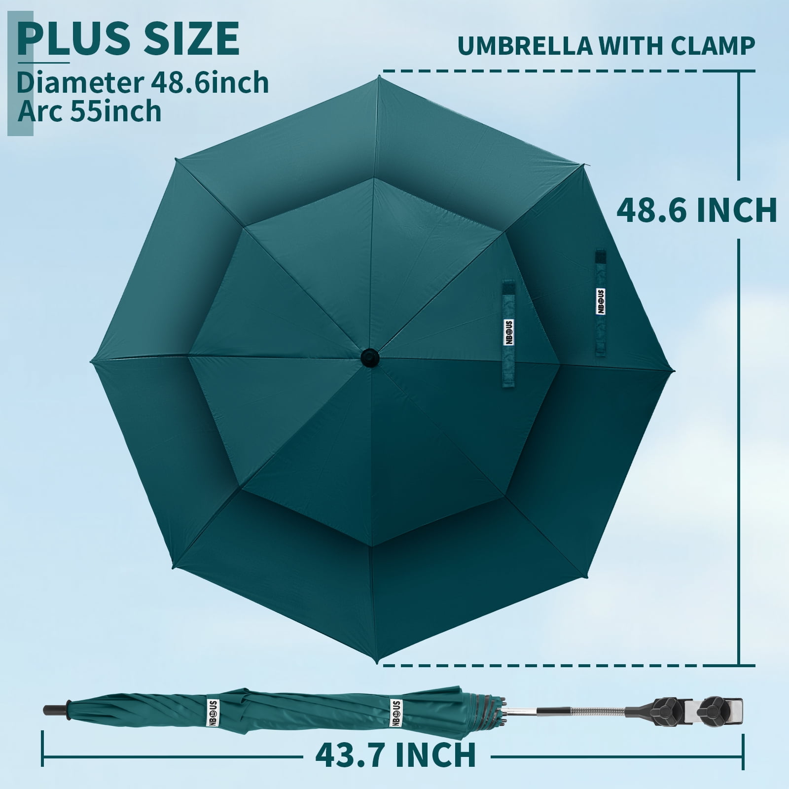2 Pack 48.6" Double Canopy Umbrella with Clamp, UPF50+ Beach Chair Umbrella with clip, 360°Adjustable Portable Outdoor Wheelchair, Patio, Golf Carts,Camping(Hunter Green, Not Include Chair)