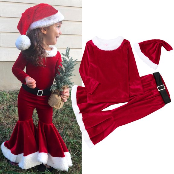 XXWXYD Toddler Baby Girls Christmas Outfit Set Velvet Long Sleeve Top Bell Bottoms Flare Jumpsuit with Hat Holiday Par𝗍y Wear Xmas Festive Dress Costum𝖾