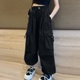 thumbnail image 2 of Odeerbi Teen Girls Cargo Pants Sports Jogger Pants Children Street Dance Pants Casual Wear Drawstring Smocked Waist Pants Black, 2 of 4