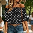 thumbnail image 5 of Yrmaups Polka Dot Off Shoulder Blouse for Women Plus Size, Ruffle Sleeve Flowy Pullover Top, Lightweight Summer Beach Vacation Daily Wear, Black L, 5 of 8