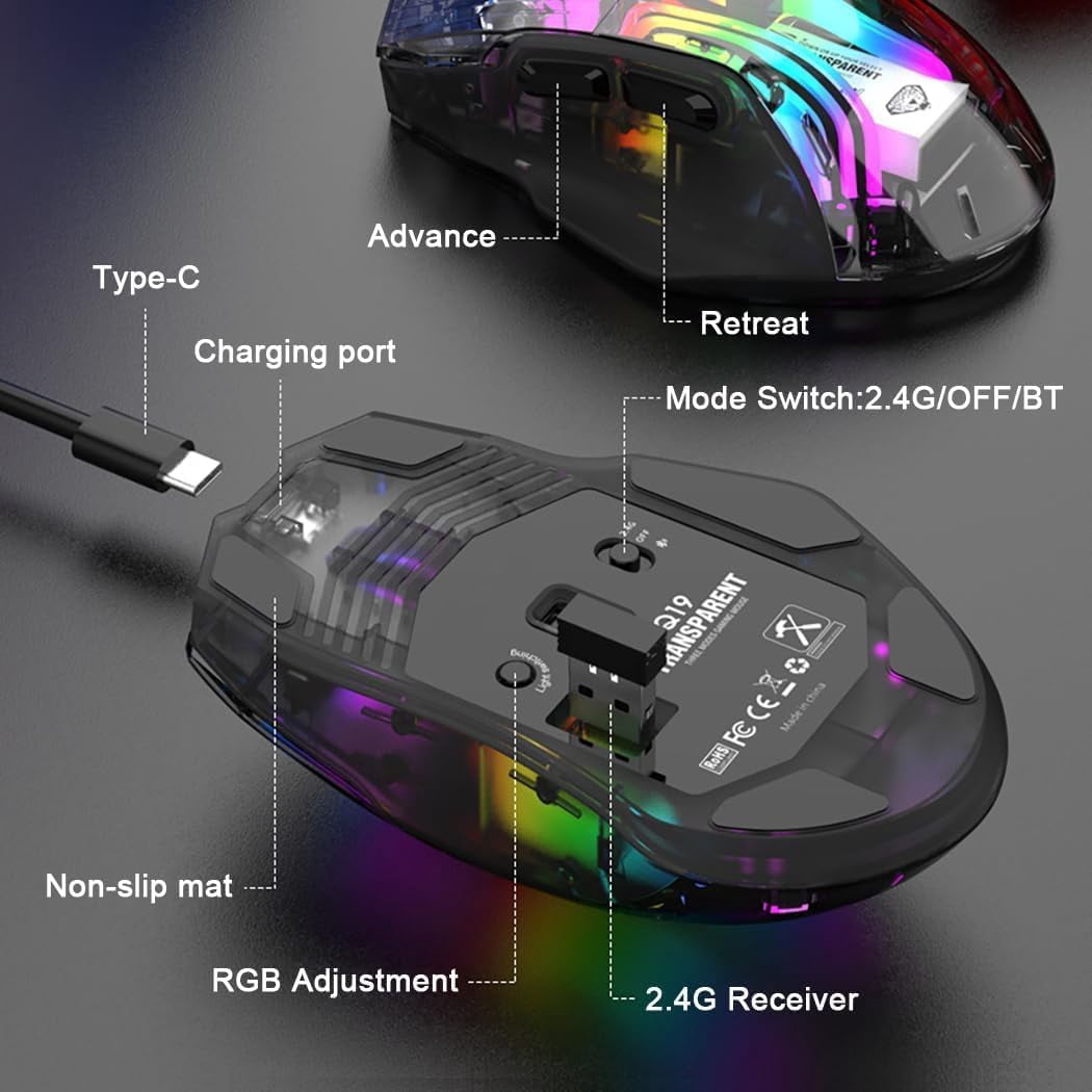 Tri-Mode Wireless Gaming Mouse, 2.4G/Bluetooth/USB-C Wired, Transparent Chroma RGB Mouse, 3600 DPI Optical Computer Mouse for PC Laptop Esports (White/Black)