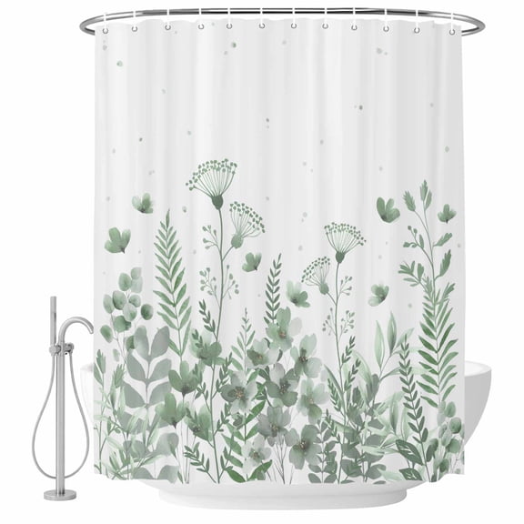 Sage Green Spring Floral Shower Curtain, Waterproof Shower Curtains for Bathroom, Watercolor Elegant Pastoral Flowers Washable Fabric Bathtub Curtain Set Bath Decor with 12 Hooks 72"x78"
