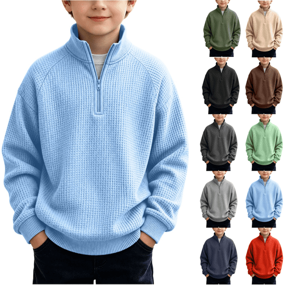 JOANKDMI Kid Boys Quarter Zip Sweatshirt Waffle Knit Mock Neck Pullover Tops Raglan Long Sleeve Active Track Jacket for Youth Gym Athletic Running School Outfit