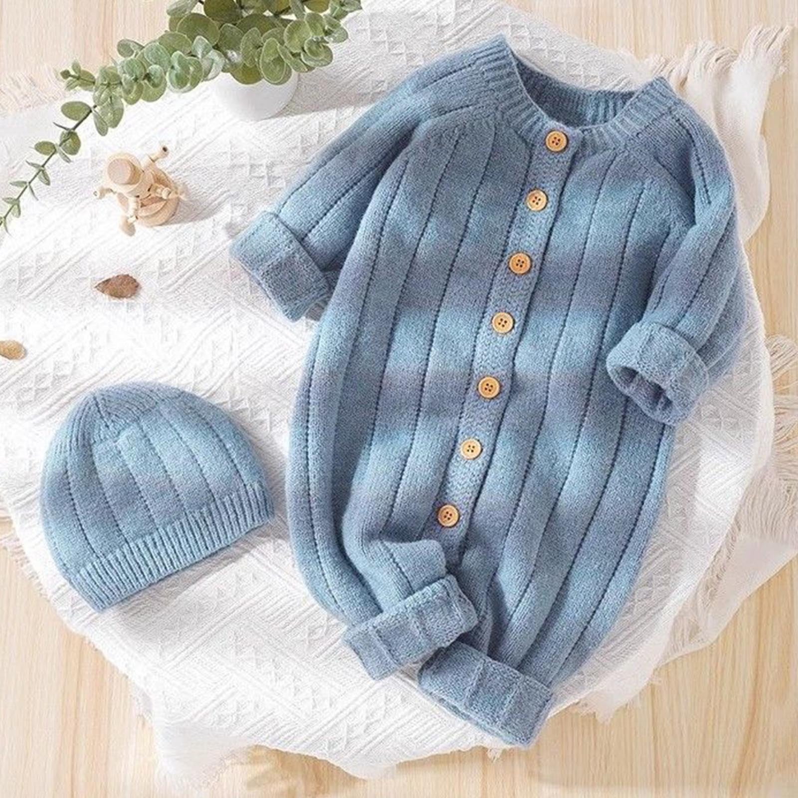 CLOISE Baby Rompers Unisex with Hat Button Long Sleeve Solid Bodysuit Light Blue 6 Months-3T