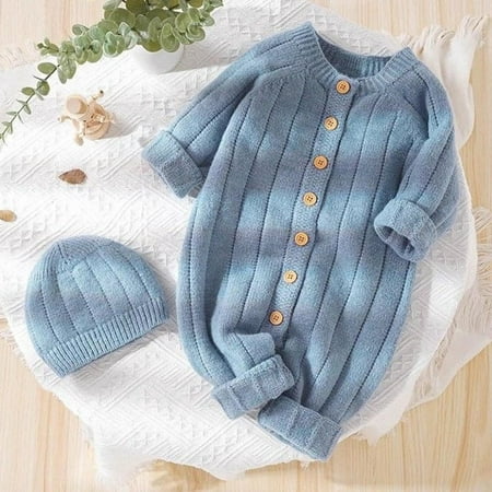 lulshou Baby Romper Toddler Baby Girls Boys Baby's Solid Color Knitted Warm Baby jumpsuit with Hat Bodysuit on Clearance