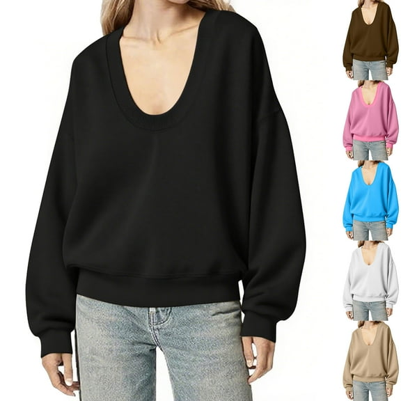 Xdegoge Scoop Neck Sweatshirt for Women Long Sleeve Drop Shoulder Oversized Tops Plain Pullover Casual Sweatshirts 2025 Fall Winter Trendy Outfits