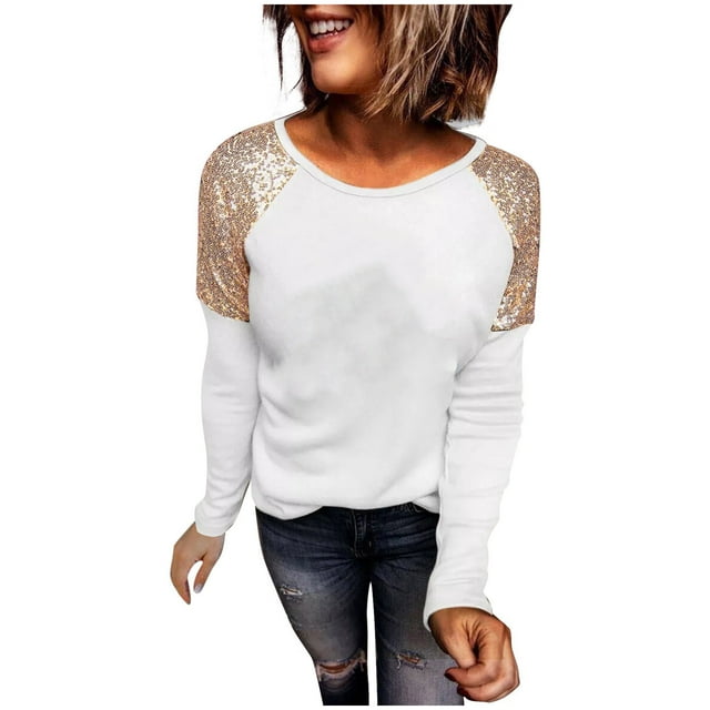 Besolor Tuniques à Sequins pour Femmes, Col Rond Tendance, Manches Longues, Chemises Décontractées Confortables pour Sortir, Blouse Habillée