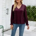 thumbnail image 5 of IROINNID Discount Women's Long Sleeve V-Neck Shirts Casual New Solid Hollow Lace Sexy Long Sleeve Lace Tops Shirt,Burgundy, 5 of 6