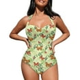 thumbnail image 2 of FKELYI One Piece Swimsuit Women's Cosy Swimwear with Halter Strap Bathing Suit Tummy Control Monokini with Soft Pad for Ladies Teens Swimming, Vintage Butterfly Leaves Print, M, 2 of 6