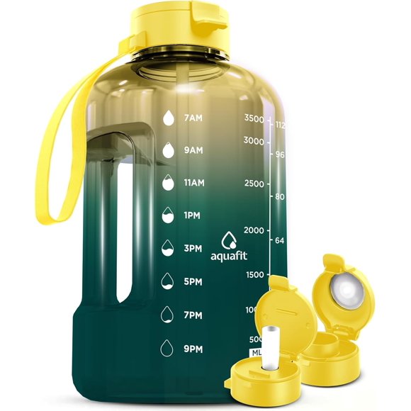 Aquafit Botella De Agua De 1 Galón Con Marcador De Tiempo – Pajita Y Tapa Para Chupete – Botella De Agua De Gimnasio Sin Bpa Con Pajita – Jarra Grande De Un Galón (Forest Fade 128 Oz – 2 Tapas)