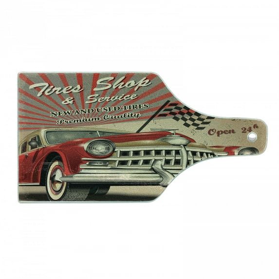 Cars Cutting Board, Tires Shop and Service Route 66 Emblem Advertisement Retro Style Poster Print, Decorative Tempered Glass Cutting and Serving Board, Wine Bottle Shape, Red Grey Sepia, by Ambesonne