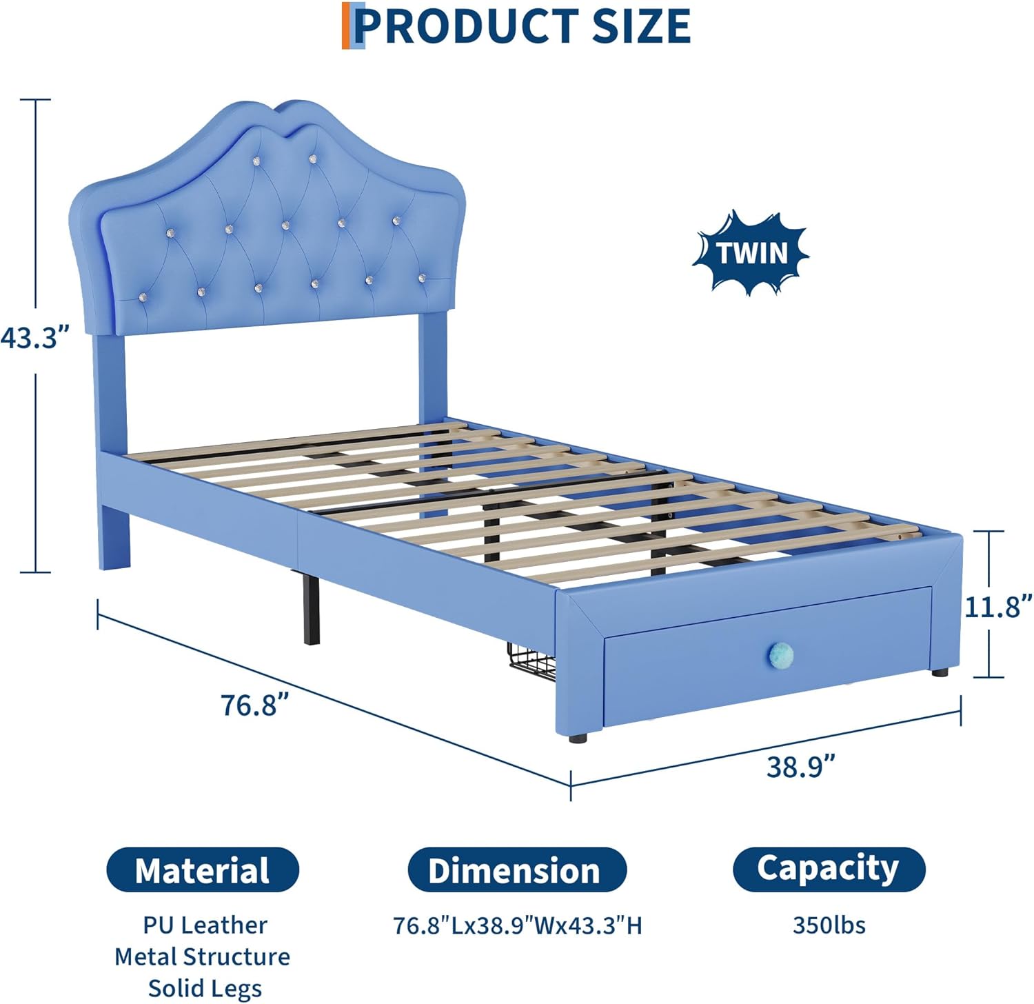 Twin Size Bed Frame with LED Lights & Velvet Upholstered Girls Platform Bed with Storage Drawers,No Box Spring Needed,Easy Assembly, Noise Free,Blue