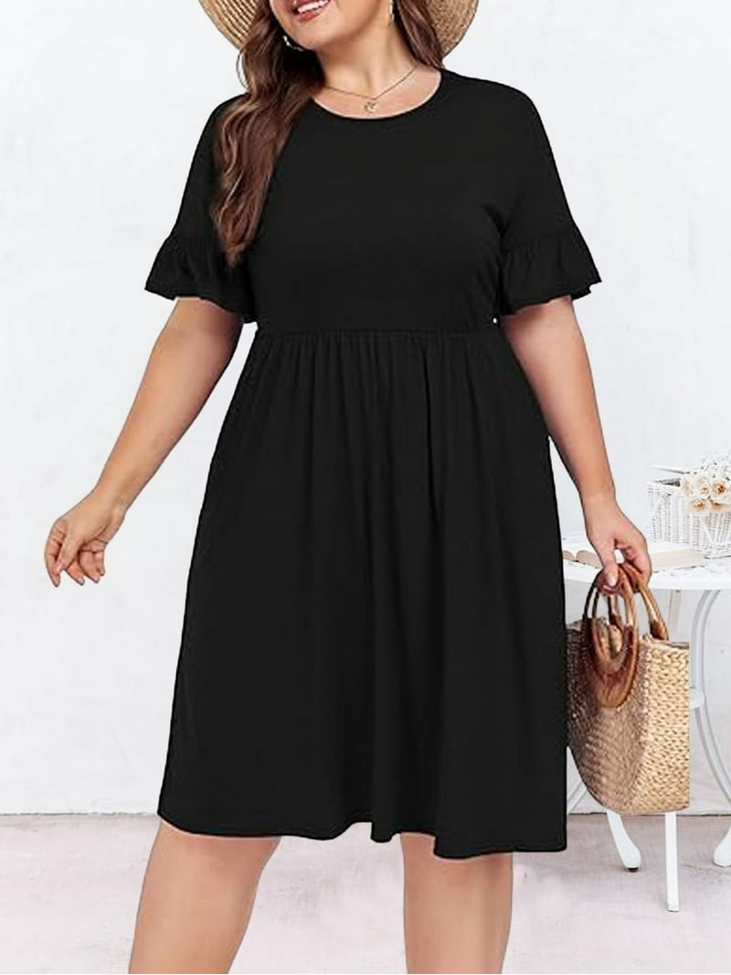 Plus Size Dresses for Curvy Women Black Round Neck Swing Comfortable Hide  Belly Fat Midi Dress with Pockets 20W - Walmart.com