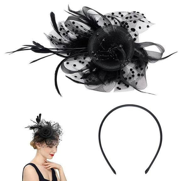 Mesh Feathers Hair Clip with Hairbands Black 20s Flapper Headpiece for Tea Party Wedding Cocktail Flower Fascinator Hat for Women Floral Mesh Ribbons Feathers Hair Clip for Lady diy