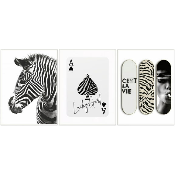 Zebra Print Wall Art Set of 3, Y2K Preppy Aesthetic Posters, Black White Minimalist Canvas, Feminist Girl Power Decor for Bedroom Living Room-8x12Inch Ready to Hang (Framed)