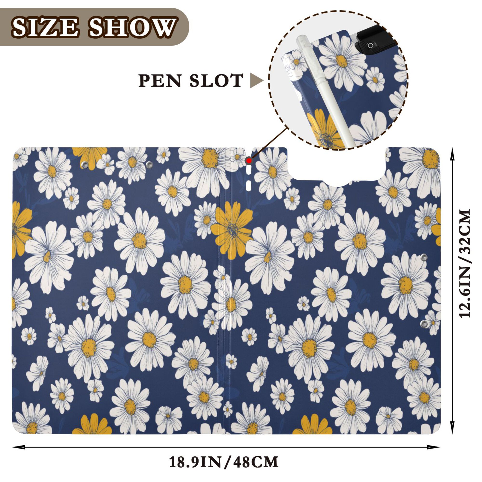 FORMRS A4 Clipboard Folder with Pen Holder Horizontal Foldable School Office Binder, Retro Daisy Pattern