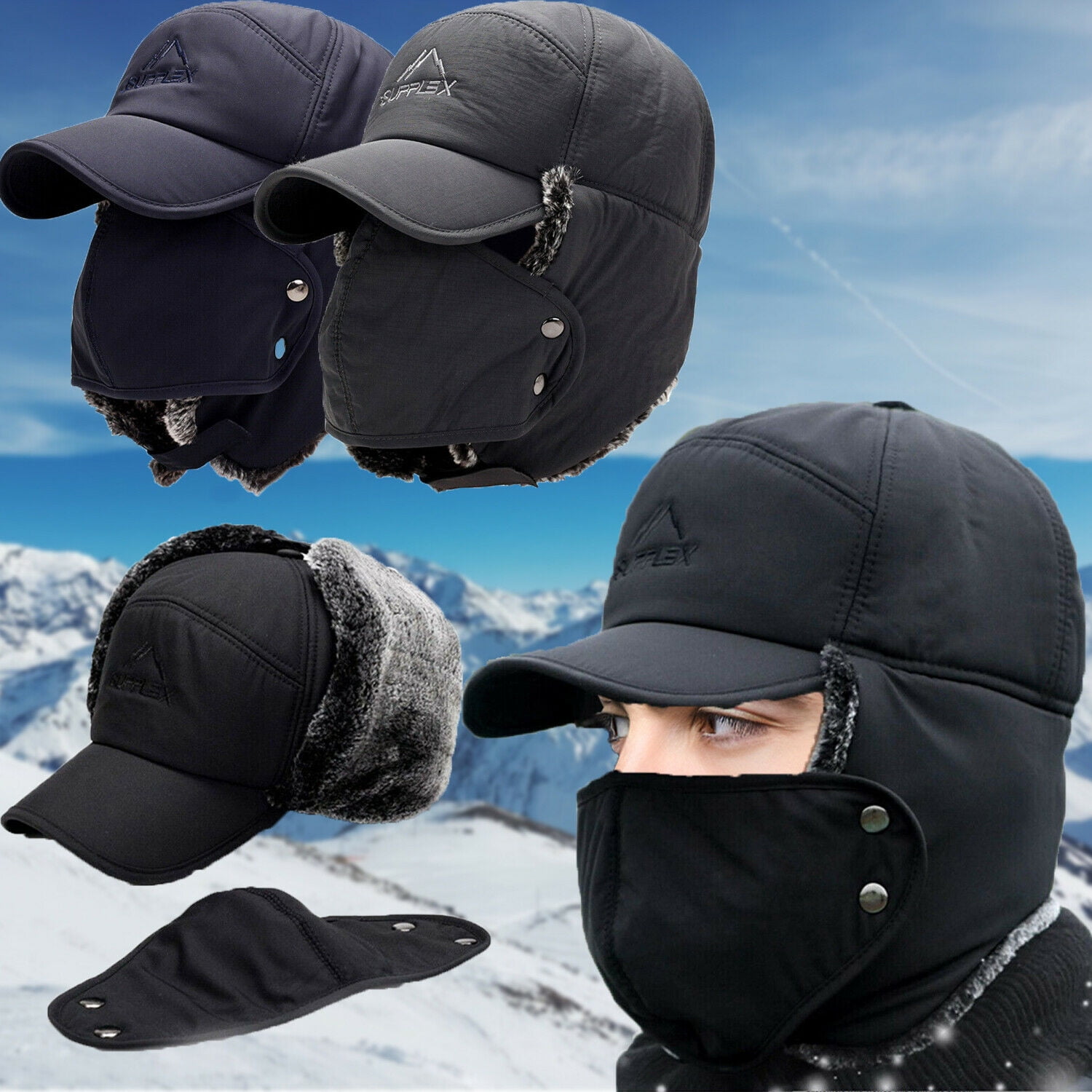 Men Women Winter Russian Hat Trooper Snow Ski Ushanka Waterproof Warm Hat Mask Ear Flap Cap-Gray