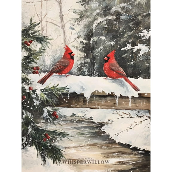 Velto Winter Cardinals On Snowy Bridge, Rustic Holiday Red Bird Wall Art, Holiday Home Decor Canvas, 8x10 0.75-Inch Pine Wood Frame