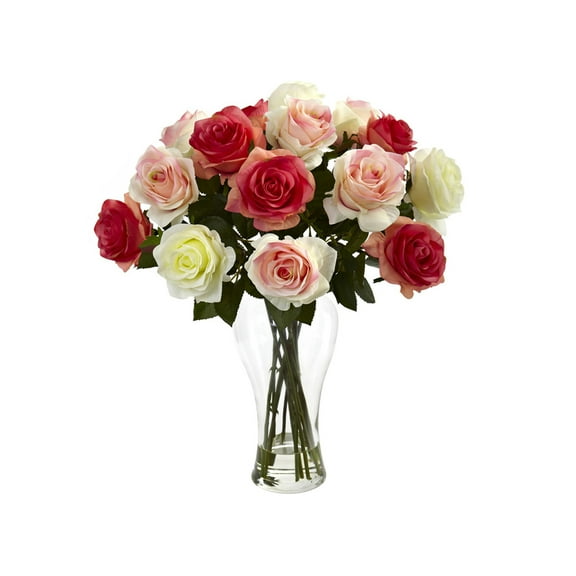 Nearly Natural Multicolored Blooming Roses Artificial Flower Arrangement With Vase