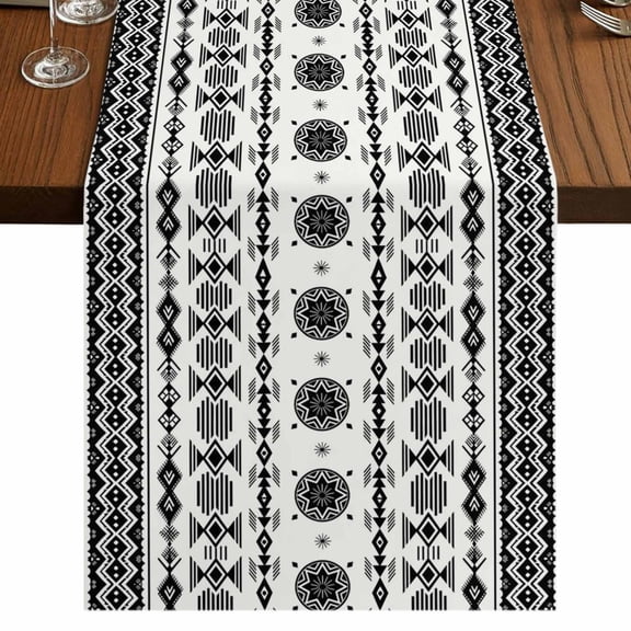 Table Runners 36 Inches Long Dress Scarves, Black White Boho Farmhouse Kitchen/Dining Table Runner, Short Coffee Tablerunners, Vintage Abstract Art Ethnic Tribe 13x36 Inch