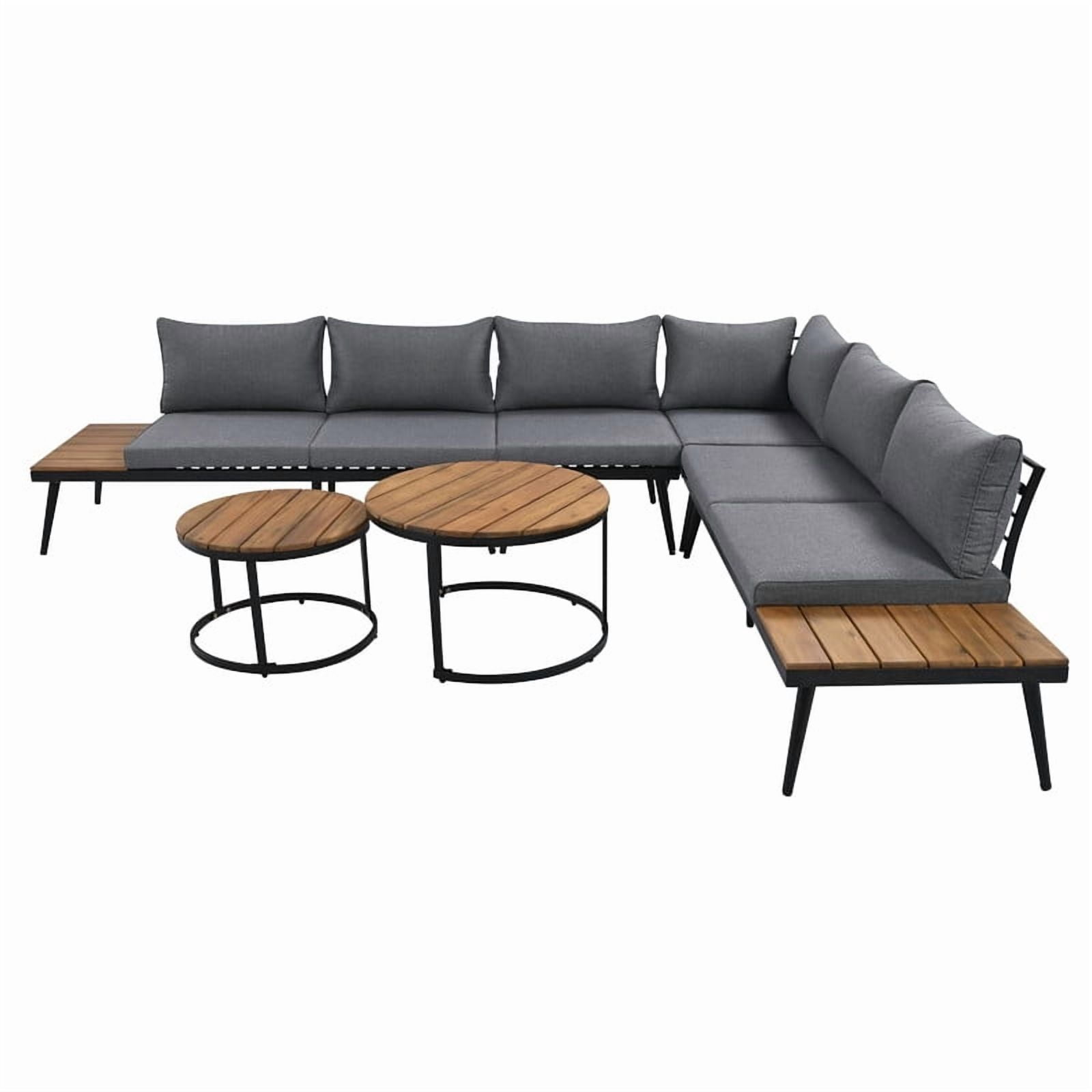 6-Piece L-Shaped Outdoor Sectional Sofa Set with Round Nesting Coffee Tables, Patio Furniture Set with Side Tables, Outdoor Conversation Set with Cushions