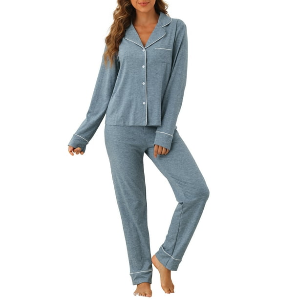 INSPIRAR CHIC Conjunto de Pijamas para Mujeres de Manga Larga con Botones y Pantalones, Juego de Pijamas a Juego de Dos Piezas para Navidad, Talla XS, Azul