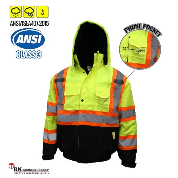 New York Hi-Viz Workwear WJX7012 Men's ANSI Class 3 High Visibility Bomber Safety Jacket with X Pattern, Waterproof (5XL, Lime)