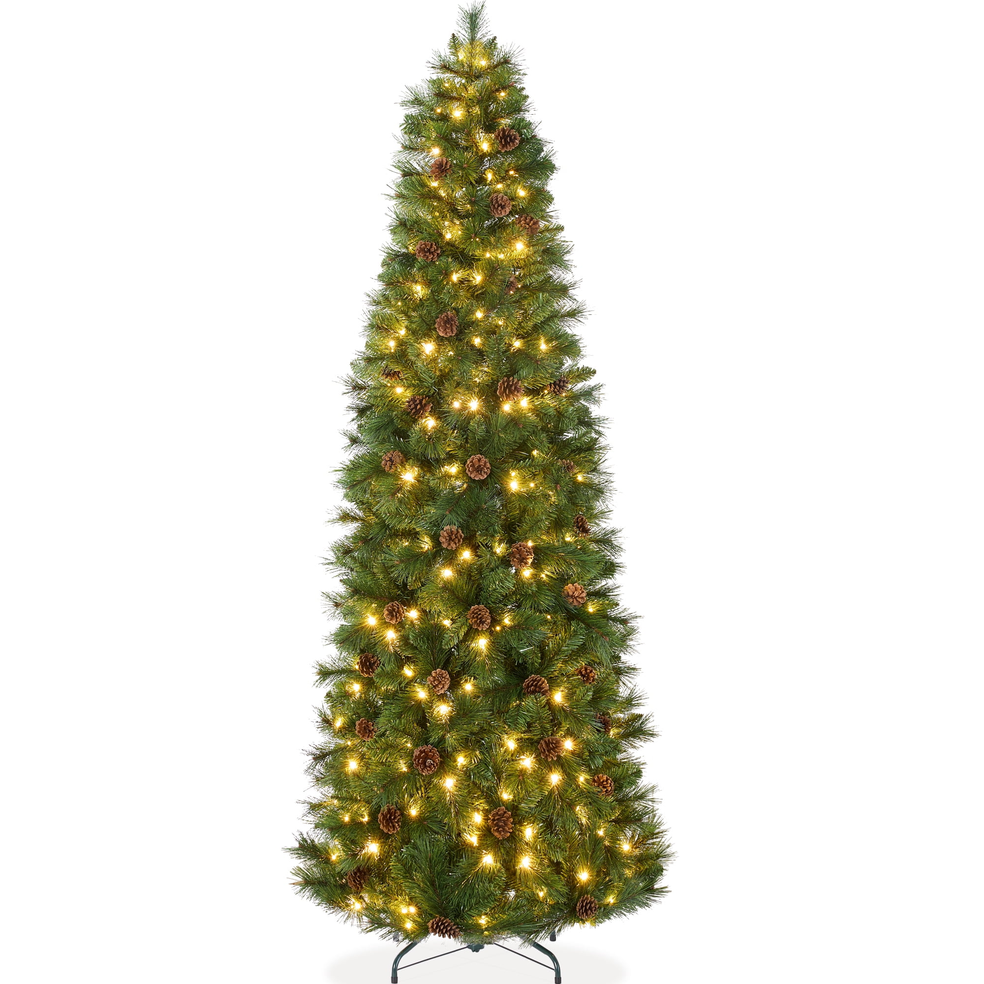 Best Choice Products 6ft Pre-Lit Artificial Scotch Pine Pencil Christmas Tree w/ 150 LED Lights, Metal Stand