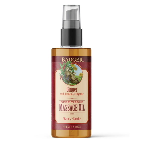 Badger - Deep Tissue Massage Oil, Ginger with Arnica & Cayenne, Certified Organic Massage Oil, Warm & Soothe, Massage Oil for Sore Muscles, Essential Oils